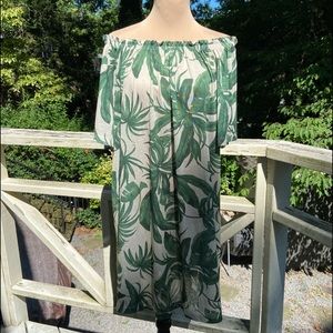 H&M Tan and Green Palm Print Portrait Off Shoulder Dress or Cover-up Size S
